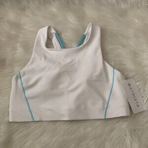 ATHLETA Flex Spacer Tipped Sports Bra in Bright White/Aqua Sz LARGE (A-C CUPS)